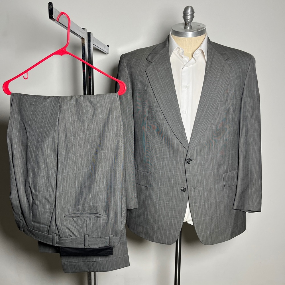 Hart Schaffner & Marx Suit Mens 44R 39x30 Gray Glen Plaid Virgin Wool Two Button